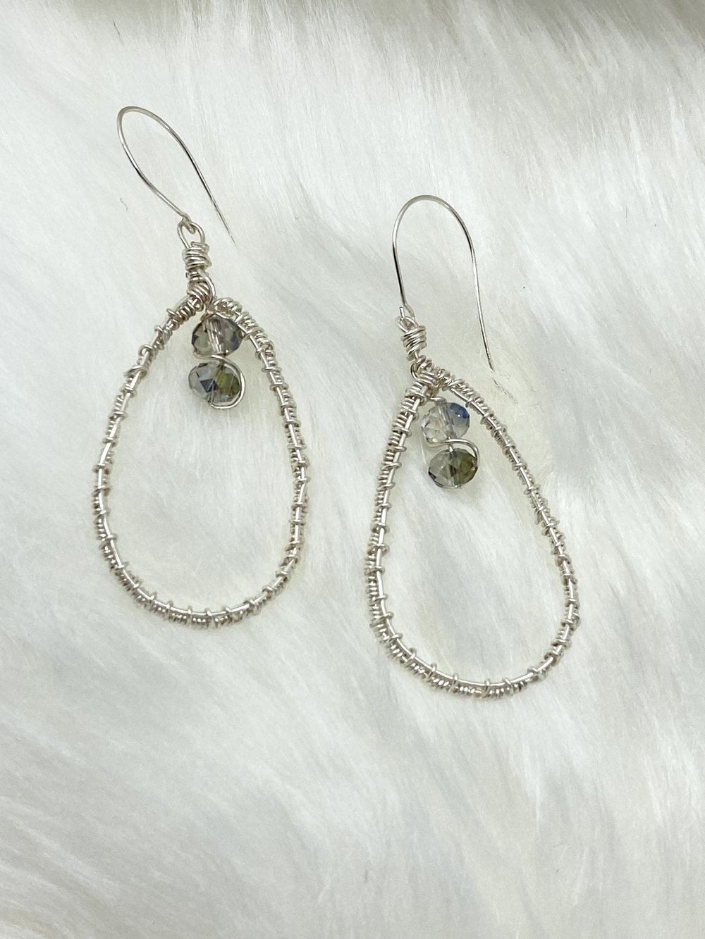 Handmade Teardrop Wire-Wrapped Dangle Earrings Crystal Accent Beads Silver Tone